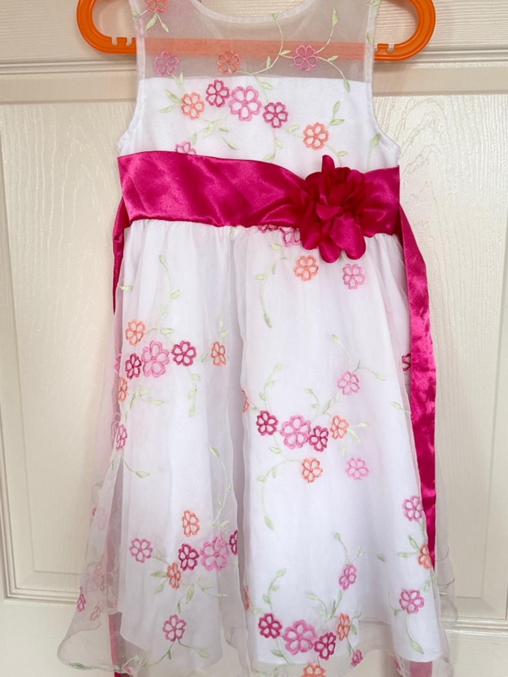 Jona Michelle White Dress with Hot Pink Sash and Floral Embroidery
